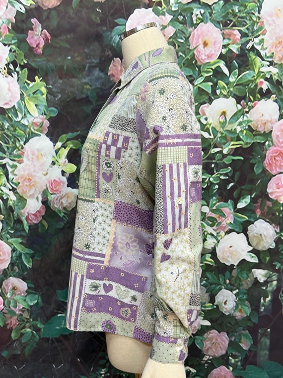80s Purple Heart Patchwork Button Down Blouse - image 6