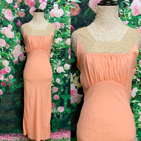 30s Peach Rayon Nightgown Gathered Bodice Ecru Lac