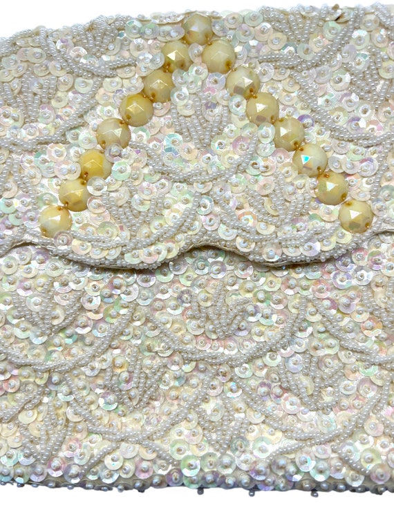 60s Ivory Sequin Envelope Purse Beaded Bridal Clu… - image 2