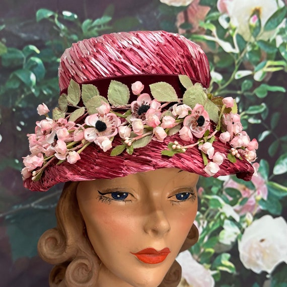 60s Evelyn Varon Pink Straw Bucket Hat Silk Flowe… - image 1