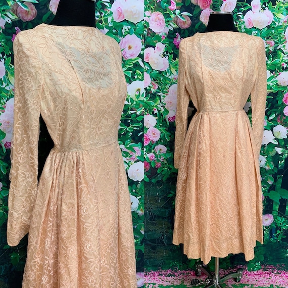 50s Peach Lace Party Dress Fit and Flare XS - image 1