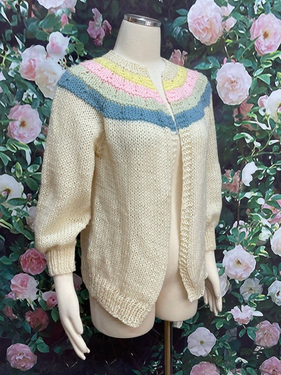 70s Cream Wool Knit Open Cardigan Pastels - image 5