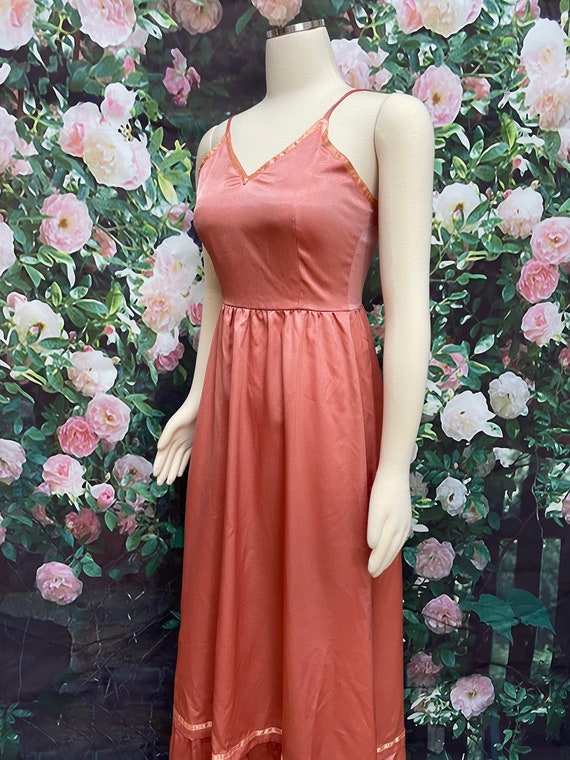 70s Rose Pink Satin Maxi Dress Ruffle Cropped Jac… - image 8