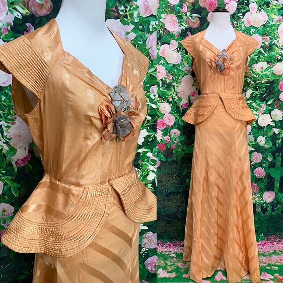 40s Peach Rayon Evening Gown Quilted Shawl Collar