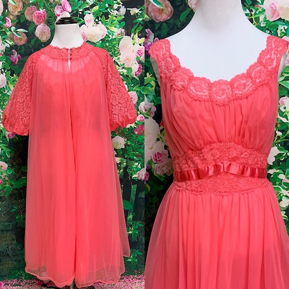 60s Vanity Fair Hot Pink Chiffon Peignoir Negligee