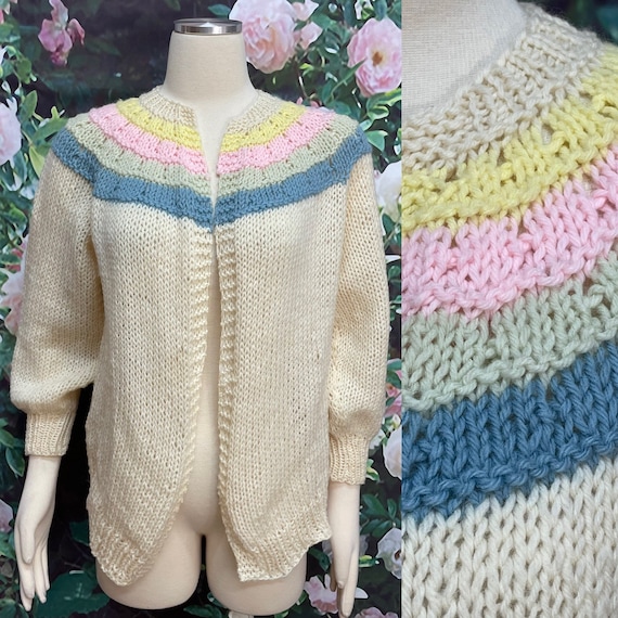 70s Cream Wool Knit Open Cardigan Pastels - image 1