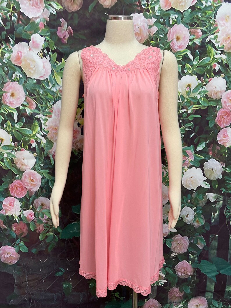 60s Shadowline Rose Pink Peignoir Negligee Nylon Nightgown Small image 6