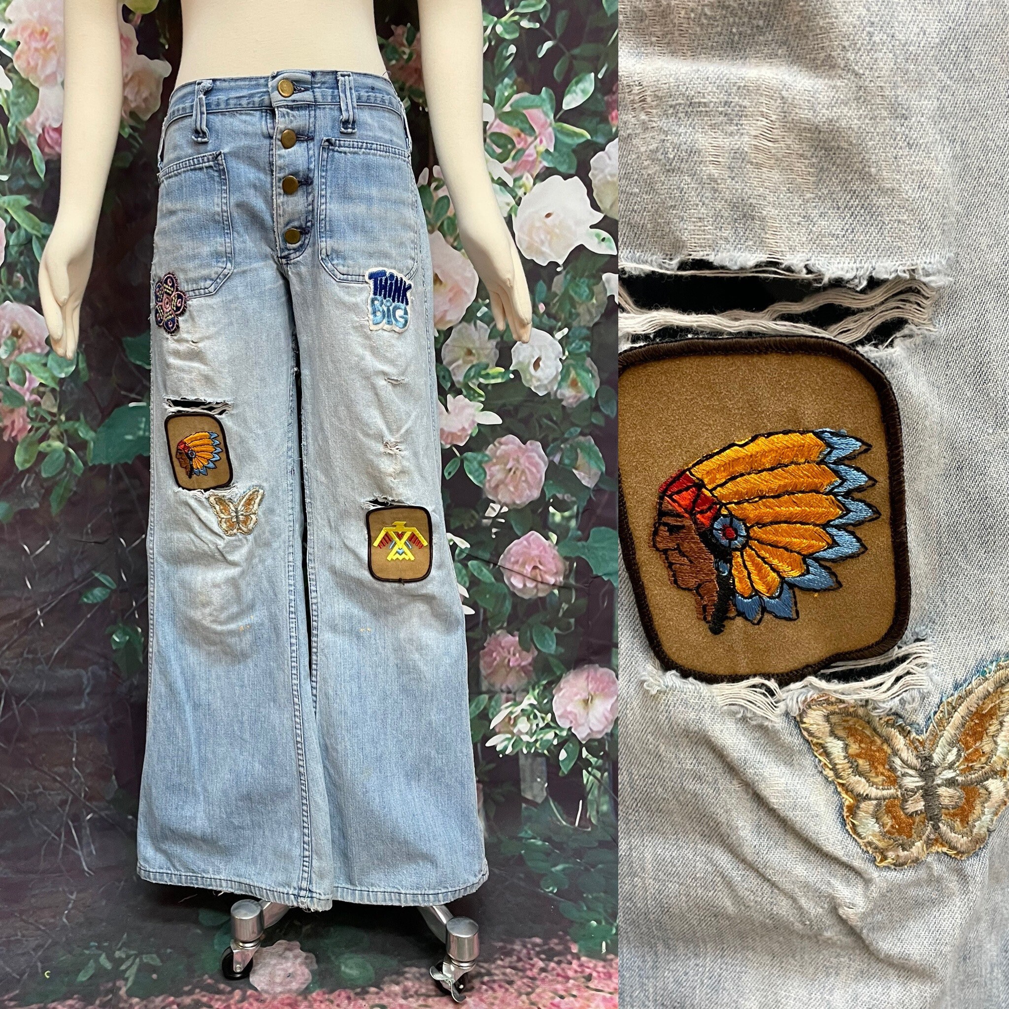 As-is Adorable 1970s Corduroy Flare Pants With Denim Knee Patches
