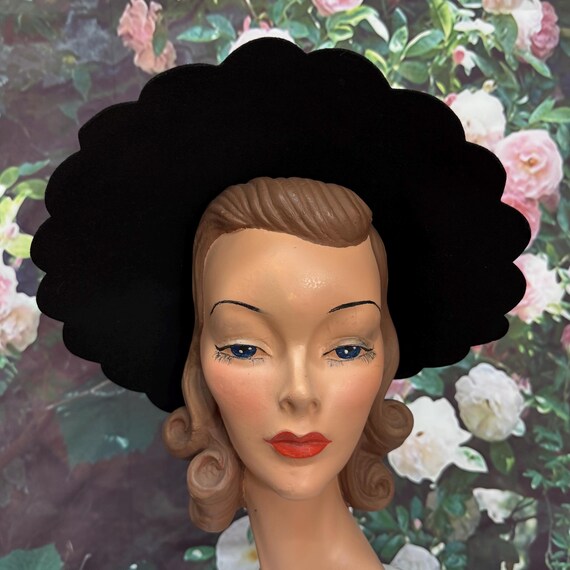 40s Black Wool Halo Hat Scallop Brim Platter Hat