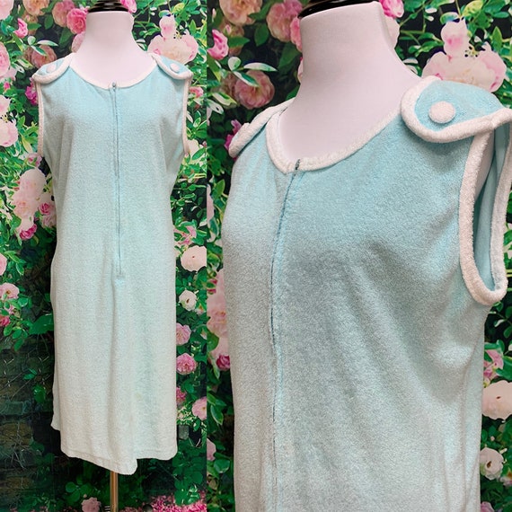 60s Aqua Blue Terry Cloth Robe Lounge Wear by Art