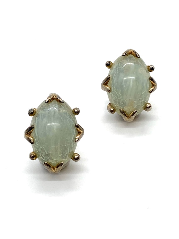 60s Pale Green Lucite Clip Earrings Clear Marbled