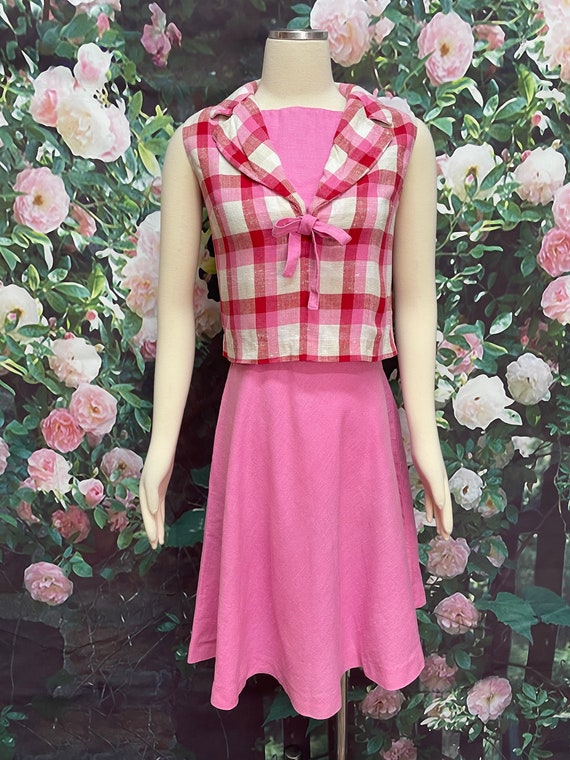 60s Bubblegum Pink Linen Skirt Plaid Blouse XS - image 2
