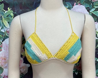 70s Yellow Crochet Bikini Top Small Aqua Blue