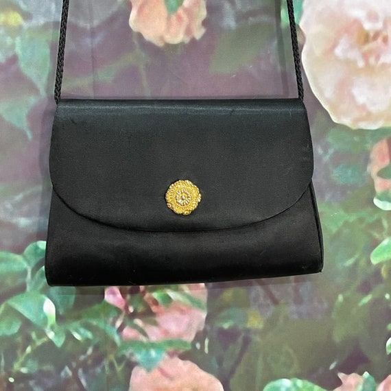 80s La Regale Black Satin Handbag Gold Flower Cla… - image 1