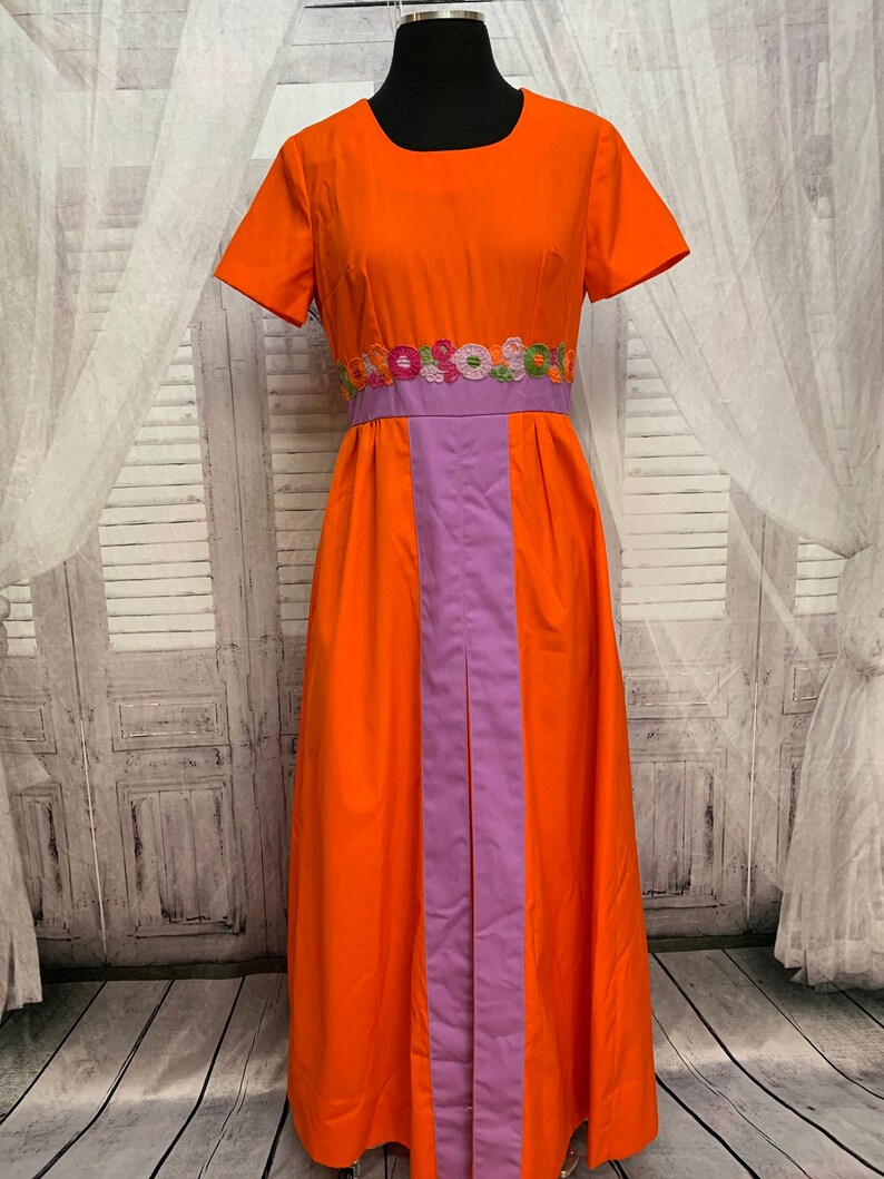 70s Orange Maxi Dress Purple Floral Trim Small | Etsy