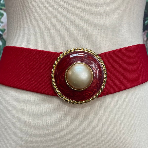 80s Day-Lor Red Stretch Belt Enamel Pearl Buckle