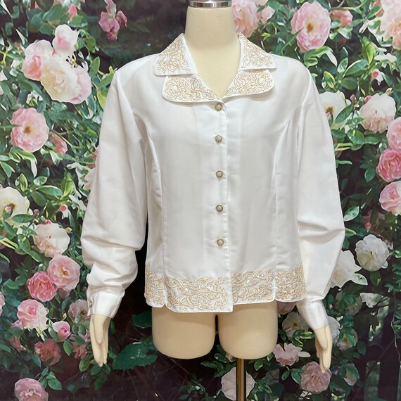 80s Perlita White Poly Shirt Gold Embroidery XL - image 2