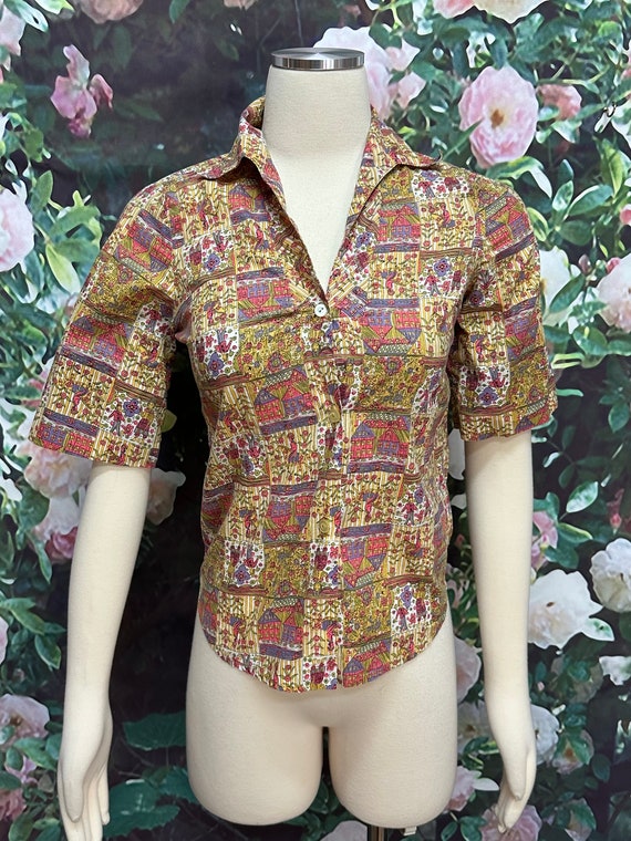 70s Folk Art Figural Novelty Blouse XS - image 2