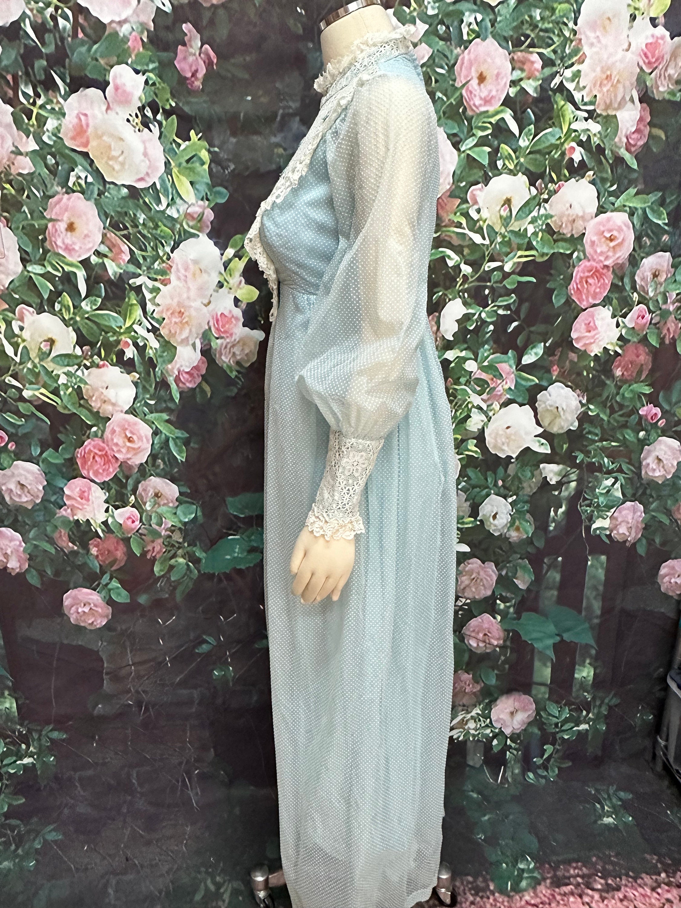 70s Blue Swiss Dot Maxi Dress White Lace Victorian Style