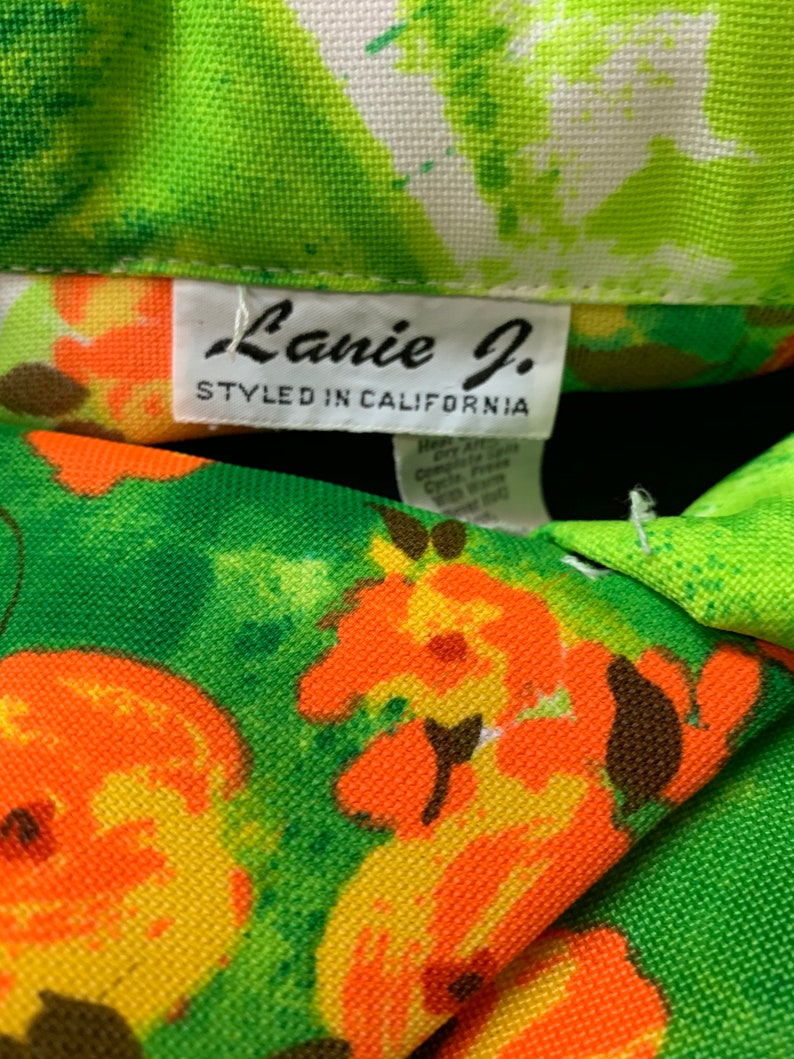 70s Green Floral Shirt Orange Flower Lanie J California Large