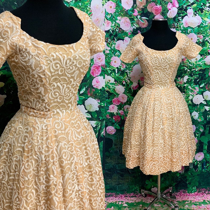 50s Suzy Perette Gold Party Dress Embroidered Flowers
