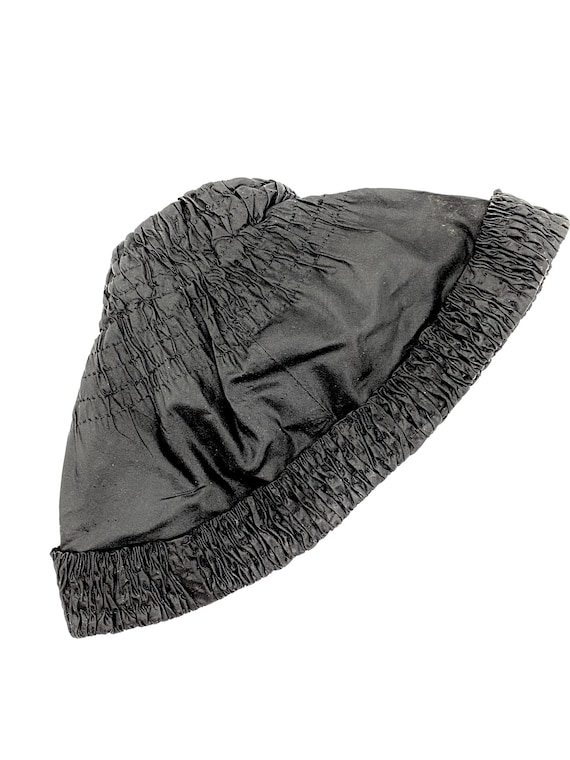 30s Black Silk Smocked Cloche Beanie Hat