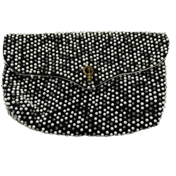 60s Reversible Black White Bubble Bead Clutch Purse