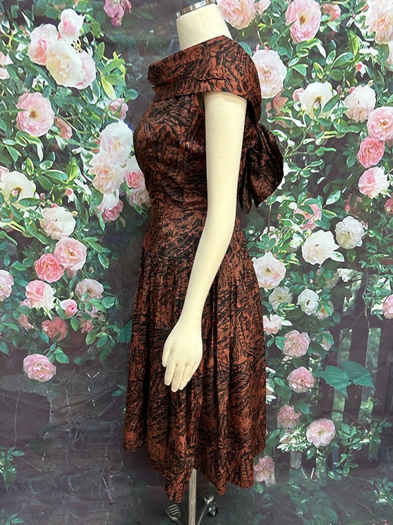 50’s Brown Patterned Taffeta Dress Cowl Neck Back… - image 7