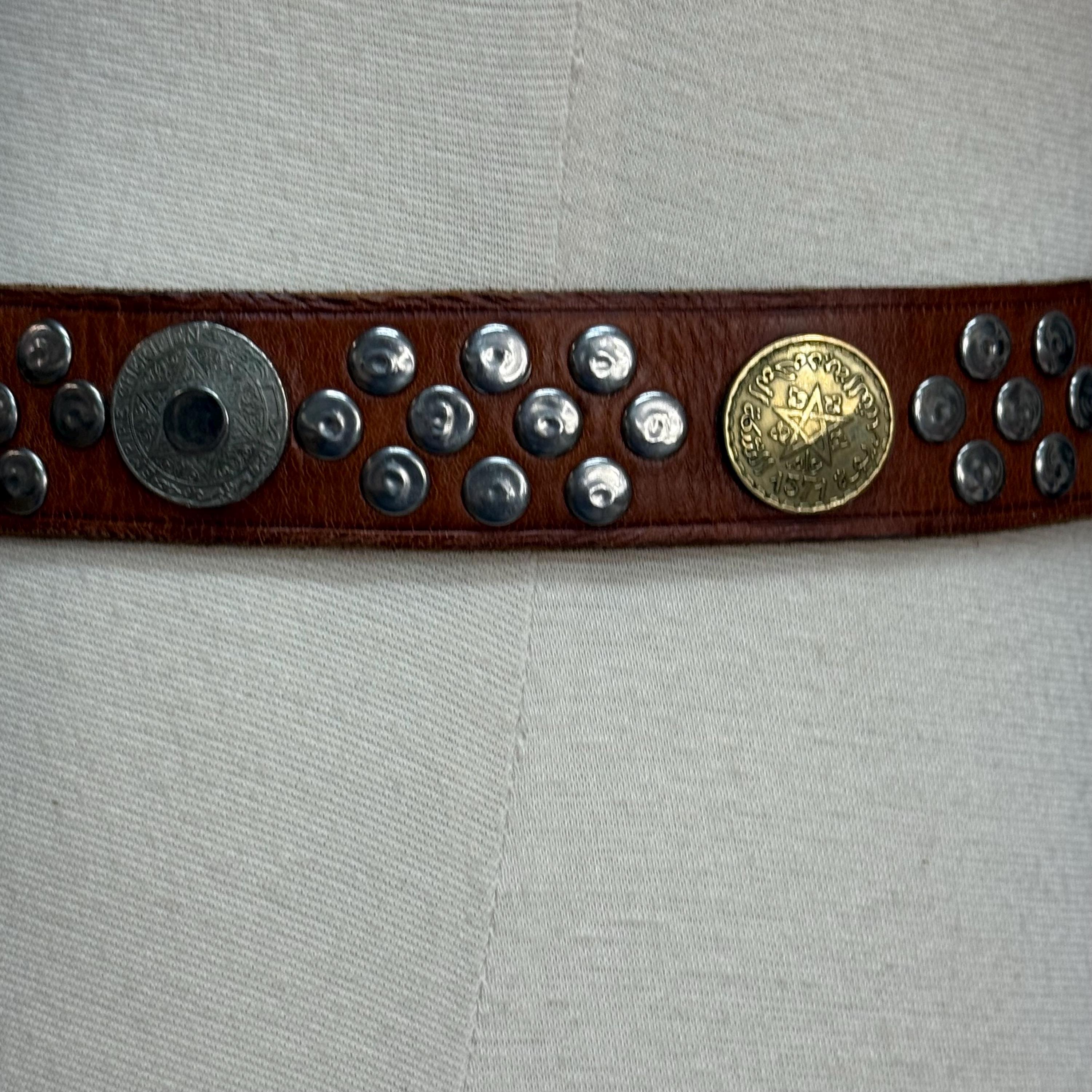 90s Brown Leather Studded Belt Moroccan Coins - Etsy