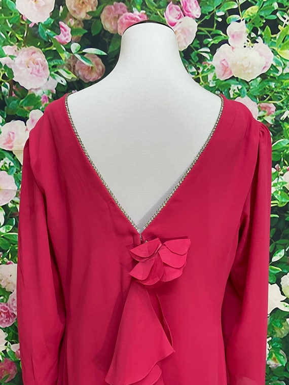 80s Miss Elliette Hot Pink Ruffle Dress Rhineston… - image 7