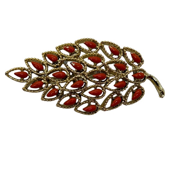 60s Gerrys Faux Coral Bead Gold Leaf Brooch