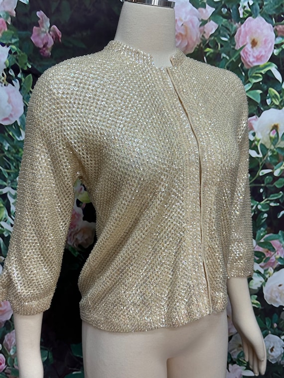 60s Cream Iridescent Sequin Beaded Cardigan - image 5