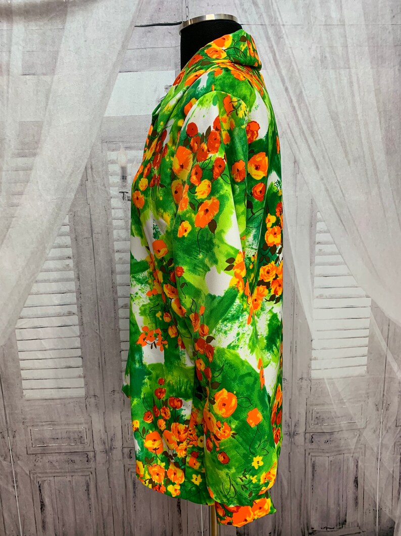 70s Green Floral Shirt Orange Flower Lanie J California Large