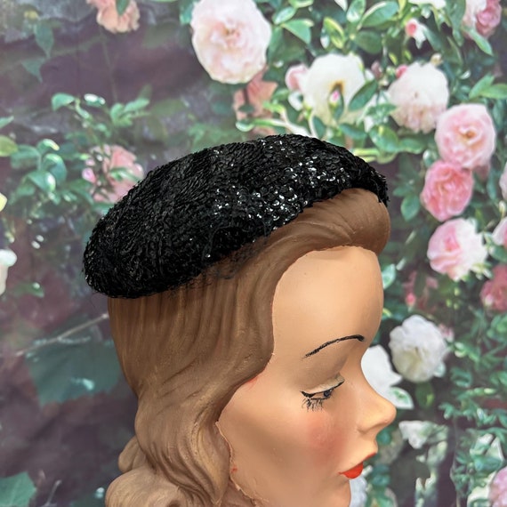 50s Ramleigh Black Sequin Shell Hat Netted - image 1