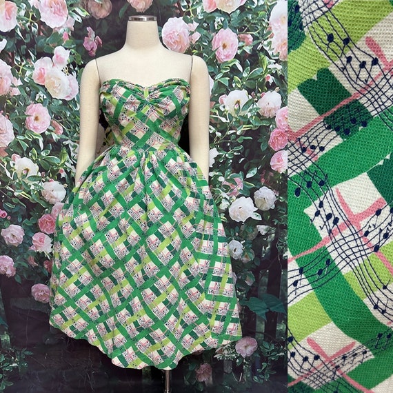 50s Green Musical Notes Strapless Dress XS - image 1