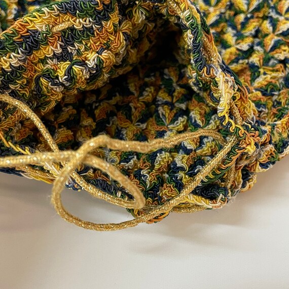 60s Green Yellow Woven Cord Drawstring Purse Knit… - image 6
