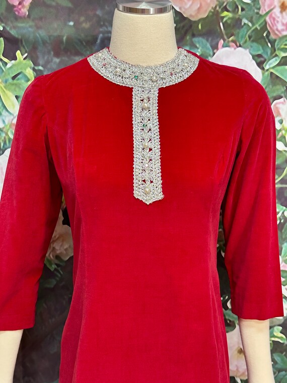 60s Red Velvet Dress Silver Lurex Trim Rhinestone… - image 3