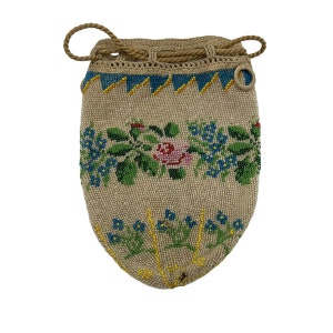 Victorian Seed Bead Blue Floral Drawstring Purse Pouch