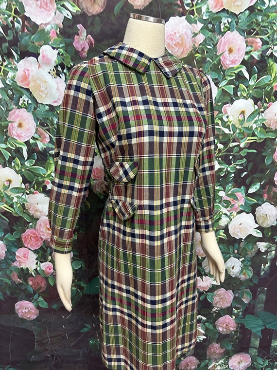60s Green Plaid Dress Front Pockets Schoolgirl - image 5