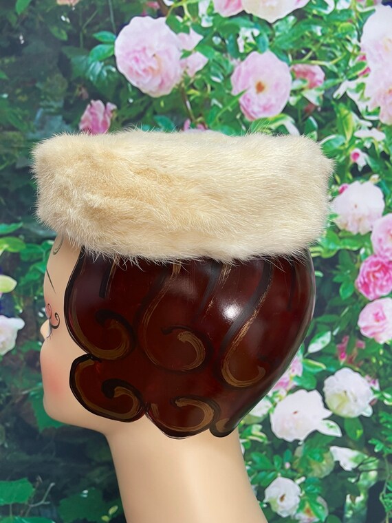 50s Cream Mink Pillbox Hat French Room Stix Baer … - image 4