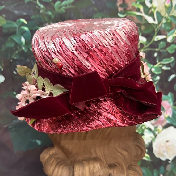 60s Evelyn Varon Pink Straw Bucket Hat Silk Flowe… - image 6