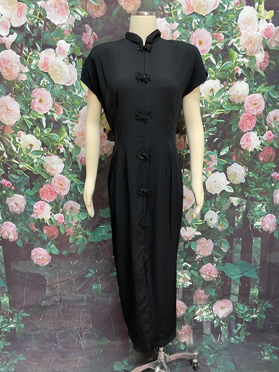 80s Black Rayon Cheongsam Maxi Dress Sequin Frogs - image 2