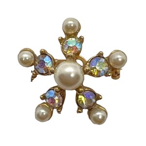 60s Bogoff Pearl AB Rhinestone Starburst Brooch Small