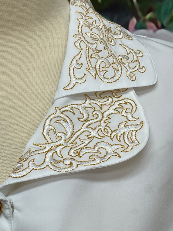 80s Perlita White Poly Shirt Gold Embroidery XL - image 4