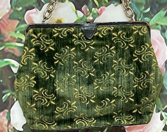 60s Mel Ton Green Carpet Bag Purse Tapestry