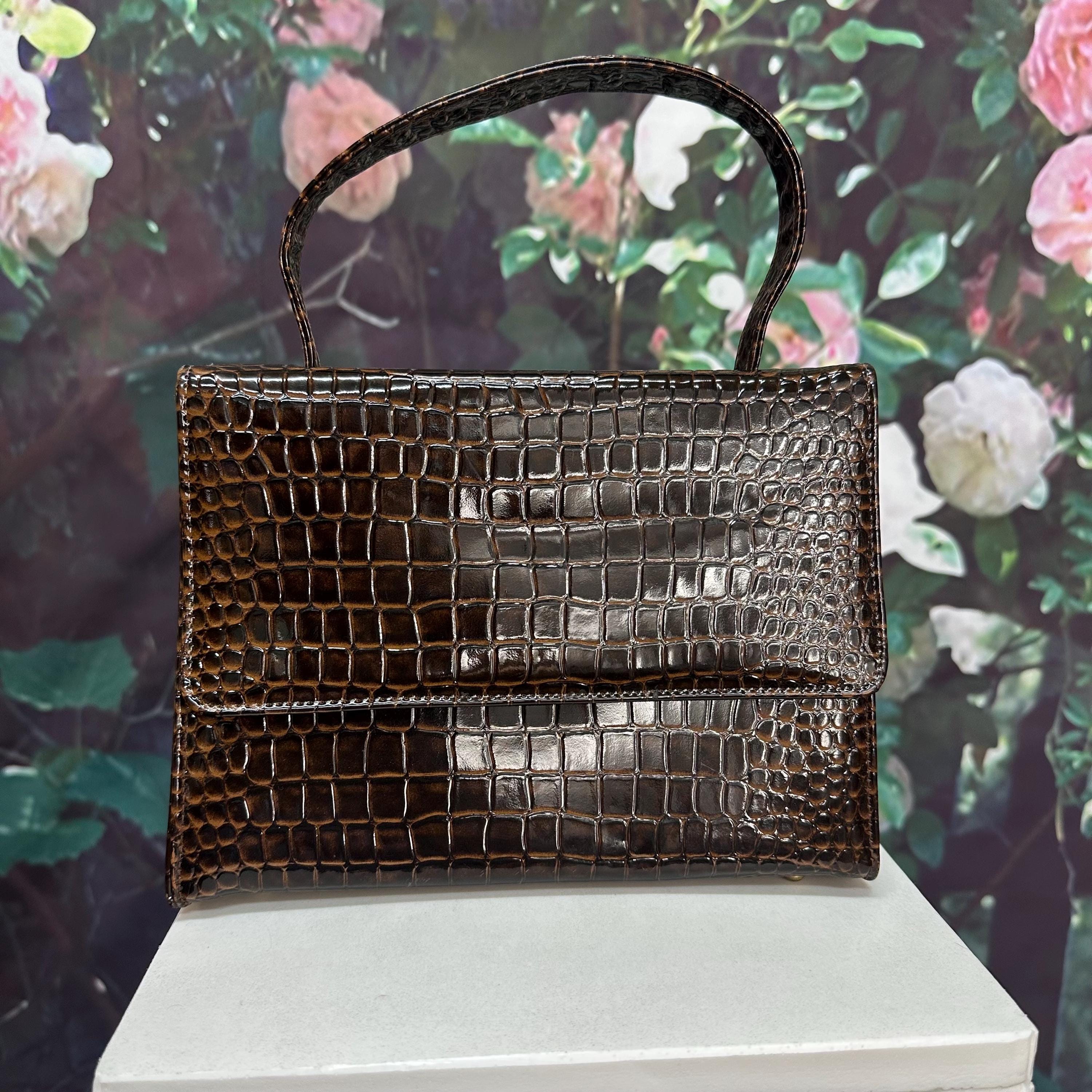 50s Brown Mock Croc Handbag Embossed Vegan Leather - Etsy display picture 1