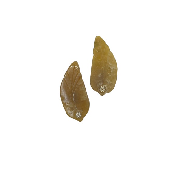 60s Golden Natural Carved Stone Leaf Cufflinks - image 3