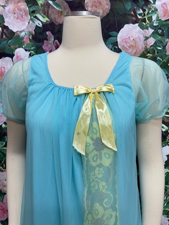 60s Turquoise Blue Chiffon Babydoll Nightgown Gol… - image 3