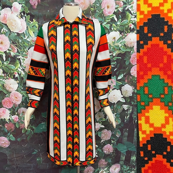 70s Jon McCauley Mod Zip Front Dress Ethnic Print - image 1