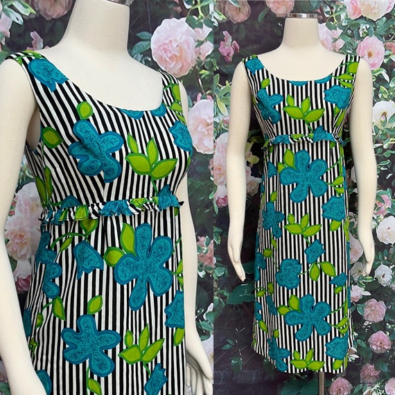 60s Hawaiian Black White Stripe Sheath Dress Blue… - image 1